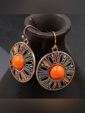 Bohemian Orange Multi-Color Sunburst Drop Earrings - Unbranded
